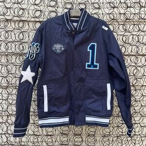 Rocawear One Step Ahead Embroidered Track Varsity Bomber Jacket Blue